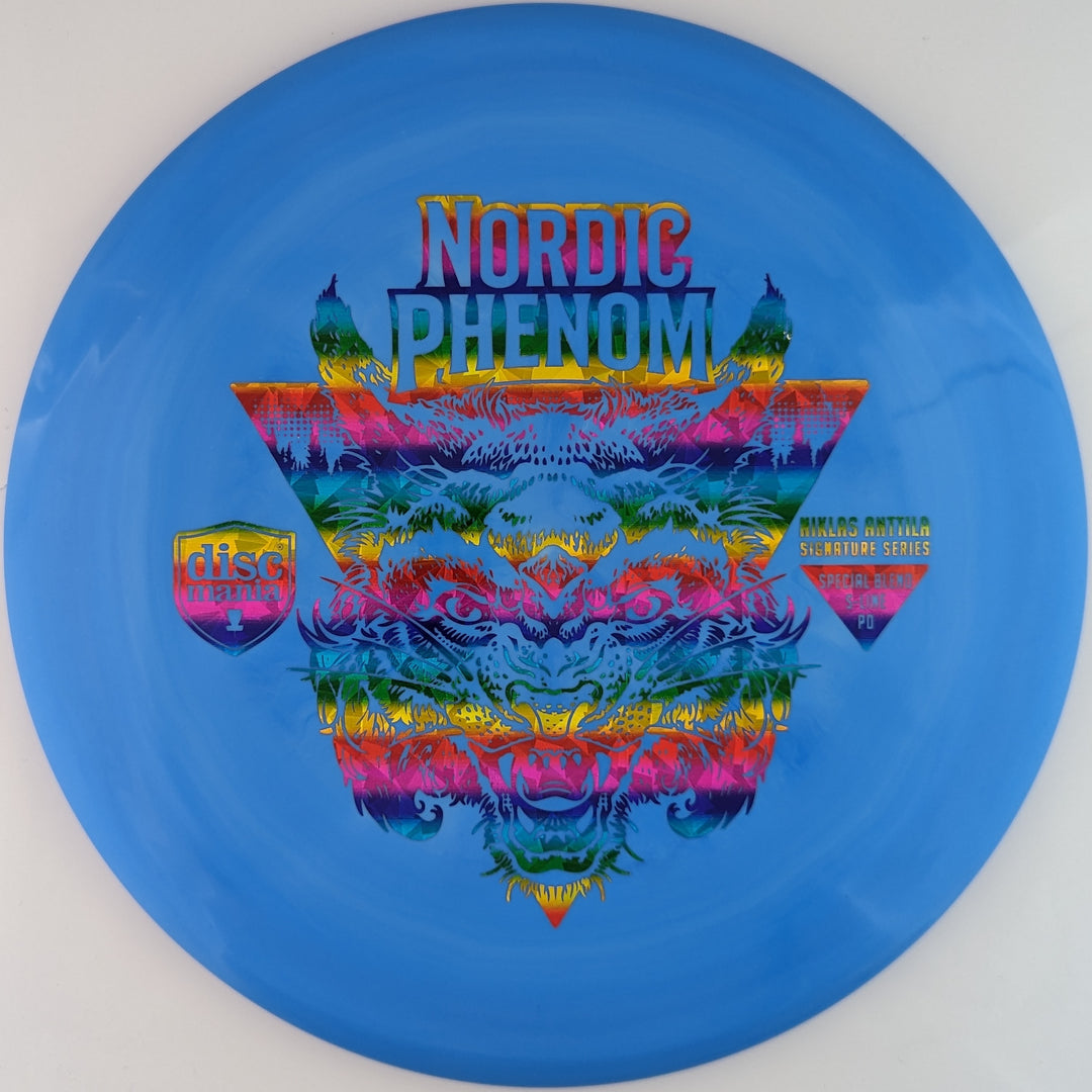 Blue Discmania PD Power Driver disc, made with Special Blend S-Line plastic blend, with rainbow-colored Niklas Anttila Nordic Phenom stamp