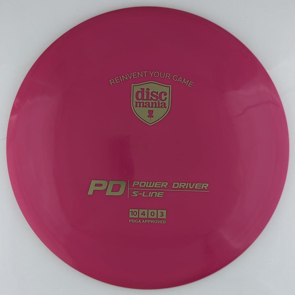 Pink Discmania PD Power Driver disc, made from S-Line plastic blend, with gold foil stamp