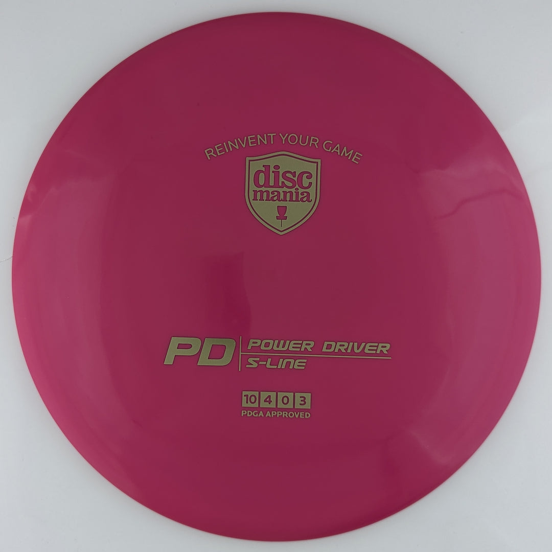 Pink Discmania PD Power Driver disc, made from S-Line plastic blend, with gold foil stamp