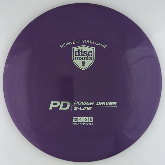 Purple Discmania PD Power Driver disc, made from S-Line plastic blend, with silver foil stamp