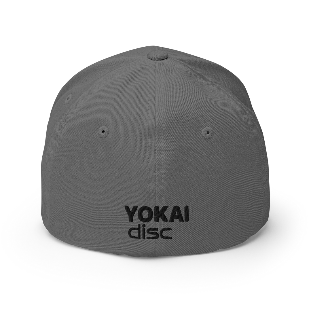 Back profile of gray flexfit cap with black Yokai Disc's embroidered company name