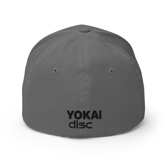 Back profile of gray flexfit cap with black Yokai Disc's embroidered company name