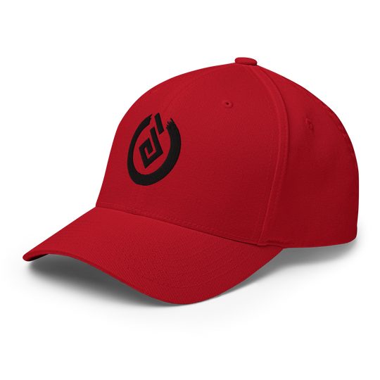 Front angle of red flexfit cap with black Yokai Disc's Tengubi ("Tengu's fireball") logo